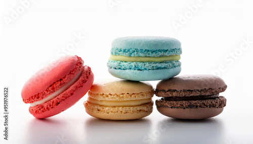 Colorful macarons on a white background