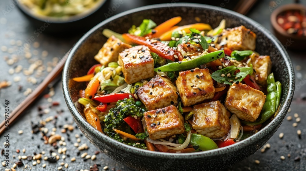 Protein-rich tofu stir-fry with colorful vegetables, served in a bowl, plant-based meal Protein-rich tofu stir-fry with colorful vegetables, served in a bowl, plant-based meal