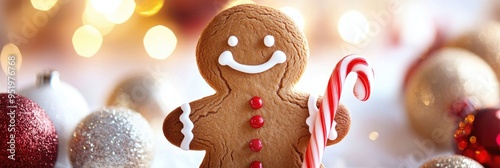 Charming gingerbread man with icing decorations and a candy cane in hand photo