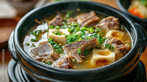 Savory Korean Ox Bone Soup, close-up, with text background on cultural importance