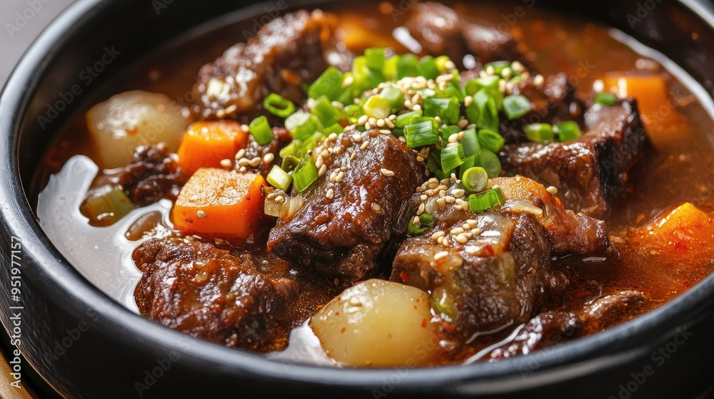 Savory Korean Oxtail Soup, close-up, with text background on traditional winter dishes Savory Korean Oxtail Soup, close-up, with text background on traditional winter dishes