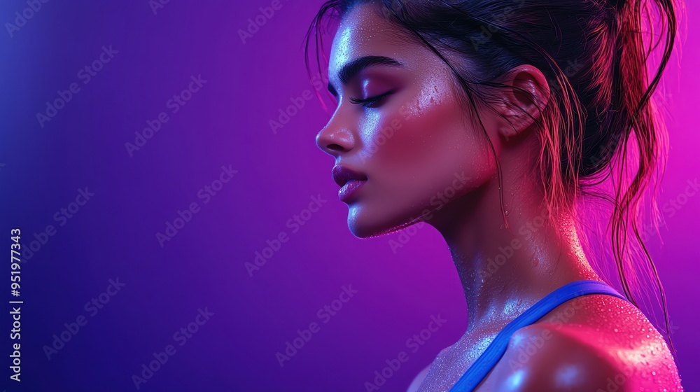 Closeup of fit woman in sportswear, side profile, defined abs, against a deep purple background Closeup of fit woman in sportswear, side profile, defined abs, against a deep purple background