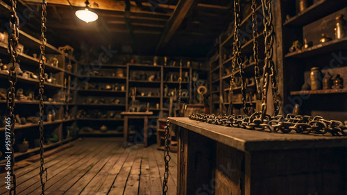 A chilling basement tour inside the haunted house, with rusty chains, broken dolls, and ancient, cursed artifacts displayed on dusty shelves, as tour participants cautiously explore.