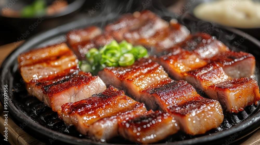 Sizzling plate of Korean pork belly Samgyeopsal, close-up, with text background on grilling tips Sizzling plate of Korean pork belly Samgyeopsal, close-up, with text background on grilling tips