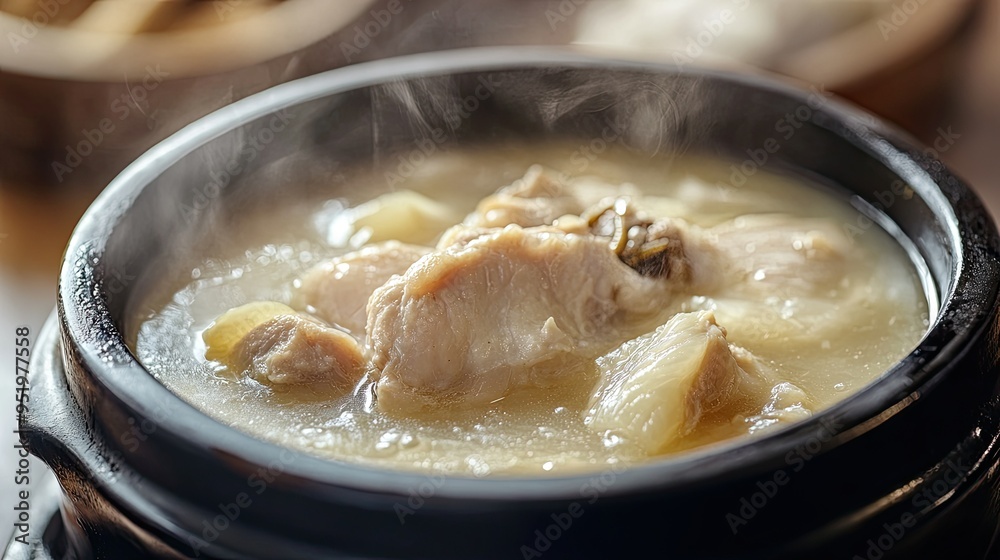 Steaming hot bowl of Samgyetang ginseng chicken soup, close-up, with text background on health benefits Steaming hot bowl of Samgyetang ginseng chicken soup, close-up, with text background on health benefits