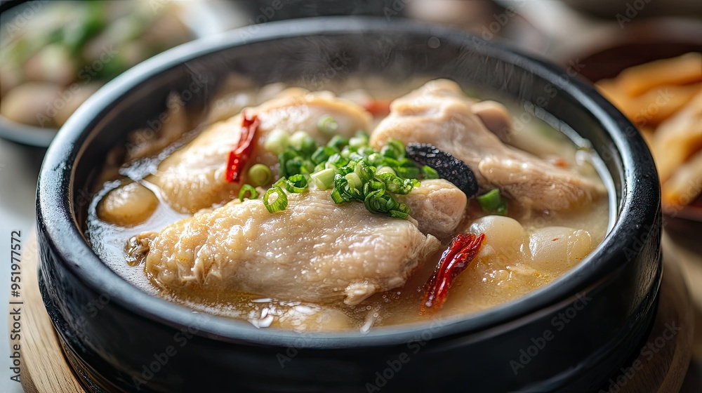 Steaming hot bowl of Samgyetang ginseng chicken soup, close-up, with text background on health benefits Steaming hot bowl of Samgyetang ginseng chicken soup, close-up, with text background on health benefits