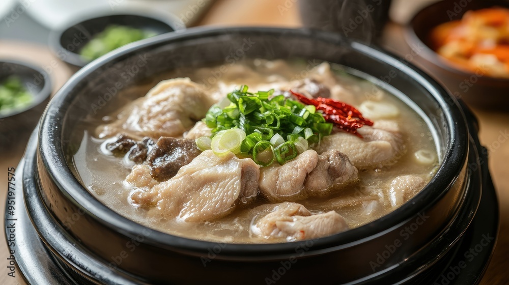 Steaming hot bowl of Samgyetang ginseng chicken soup, close-up, with text background on health benefits Steaming hot bowl of Samgyetang ginseng chicken soup, close-up, with text background on health benefits
