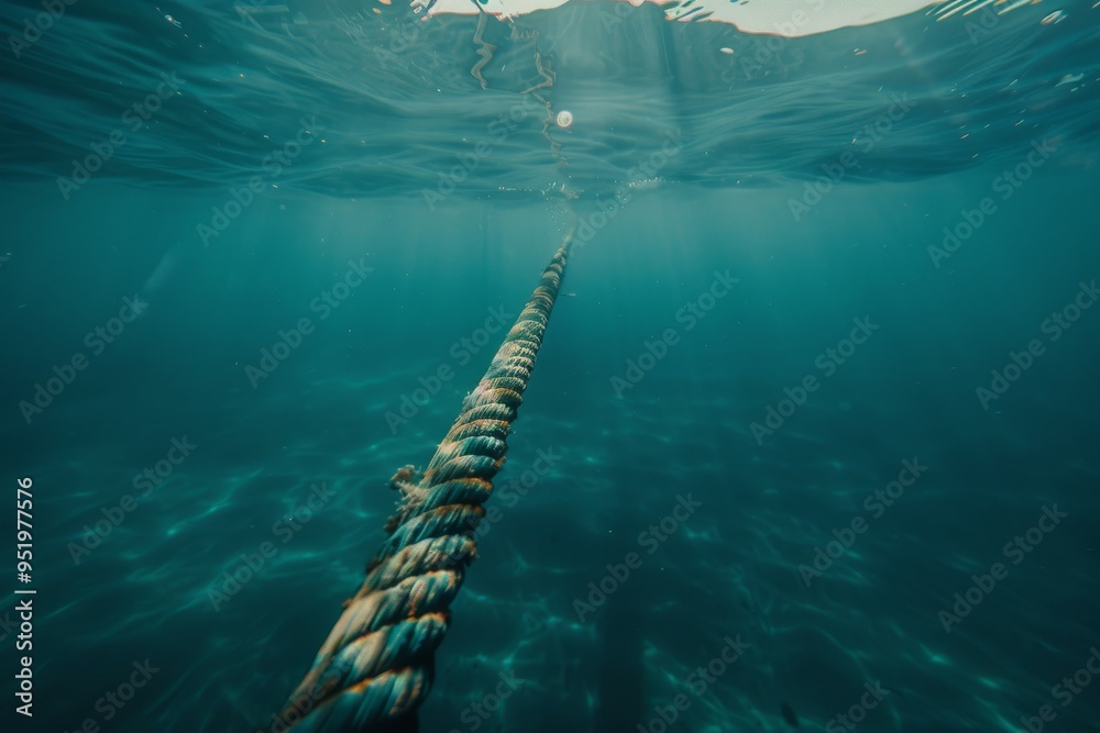 A view of a thick rope disappearing into the depths of the ocean, with light filtering through the clear blue water, evoking mystery and exploration. A view of a thick rope disappearing into the depths of the ocean, with light filtering through the clear blue water, evoking mystery and exploration.