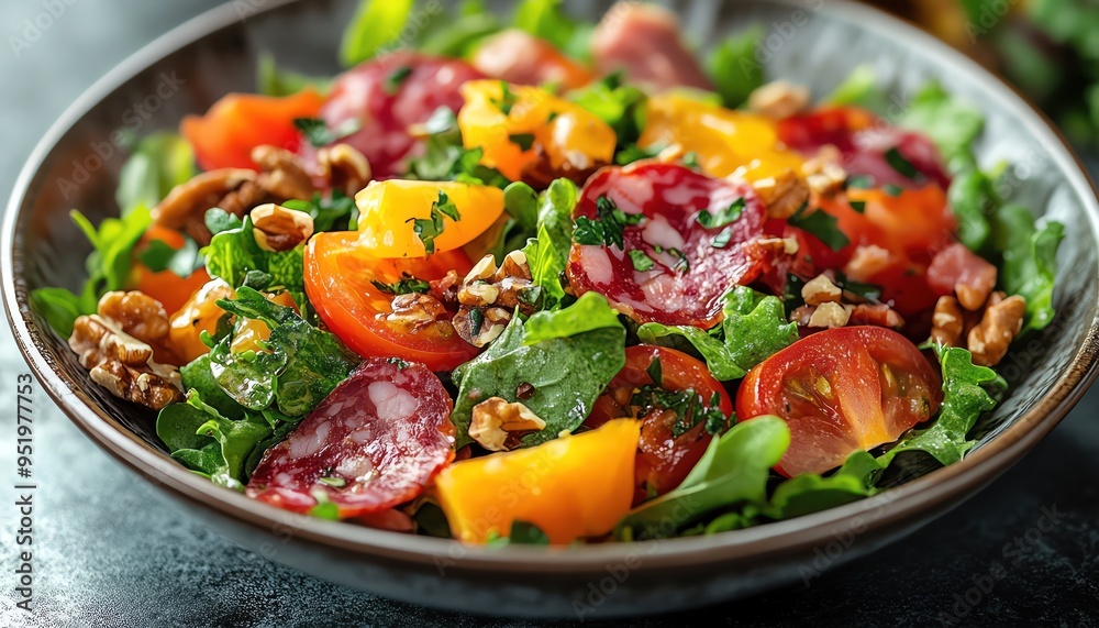 Fresh salad with mixed vegetables, nuts, and cured meats, vibrant and appetizing Fresh salad with mixed vegetables, nuts, and cured meats, vibrant and appetizing