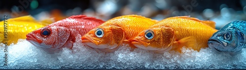 Freshly caught colorful fish on ice, vibrant colors, detailed closeup, market setting