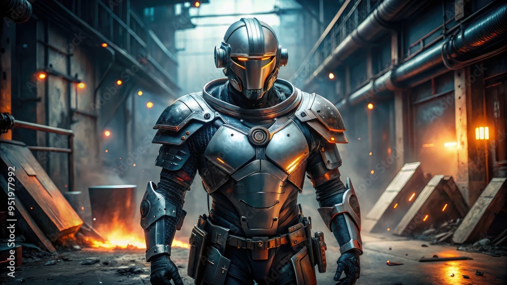 industrial futuristic metallic shield armor robotic warrior apocalyptic gritty brutal contrasty bold dark epic cinematic