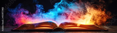 Glowing neon book with pages lit up, surrounded by colorful smoke on a wooden surface