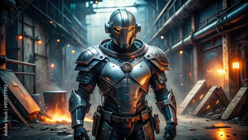 industrial futuristic metallic shield armor robotic warrior apocalyptic gritty brutal contrasty bold dark epic cinematic