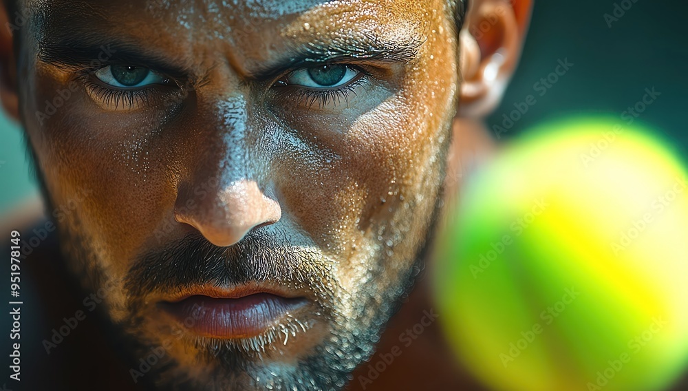 Intense closeup of a tennis player s determined face, midswing with a blurred tennis ball Intense closeup of a tennis player s determined face, midswing with a blurred tennis ball