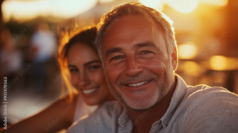 Senior Man and Young Woman Smiling Together in Warm Sunset Light