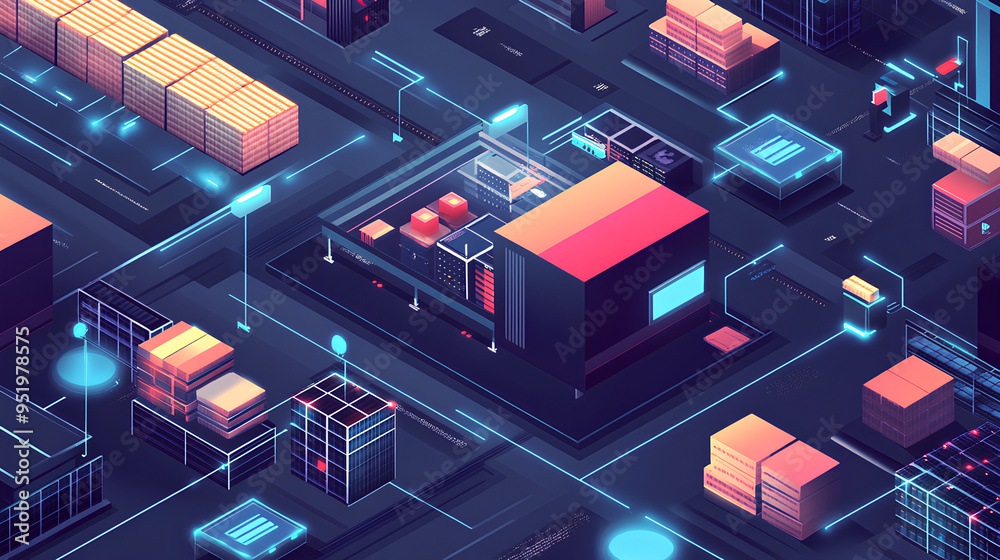 an isometric illustration of a smart warehouse management system with emphasis on inventory control an isometric illustration of a smart warehouse management system with emphasis on inventory control