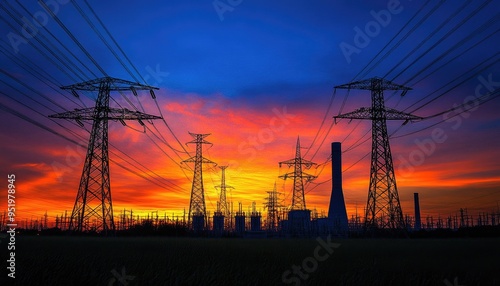 Power lines and substation silhouetted against a vibrant sunset.