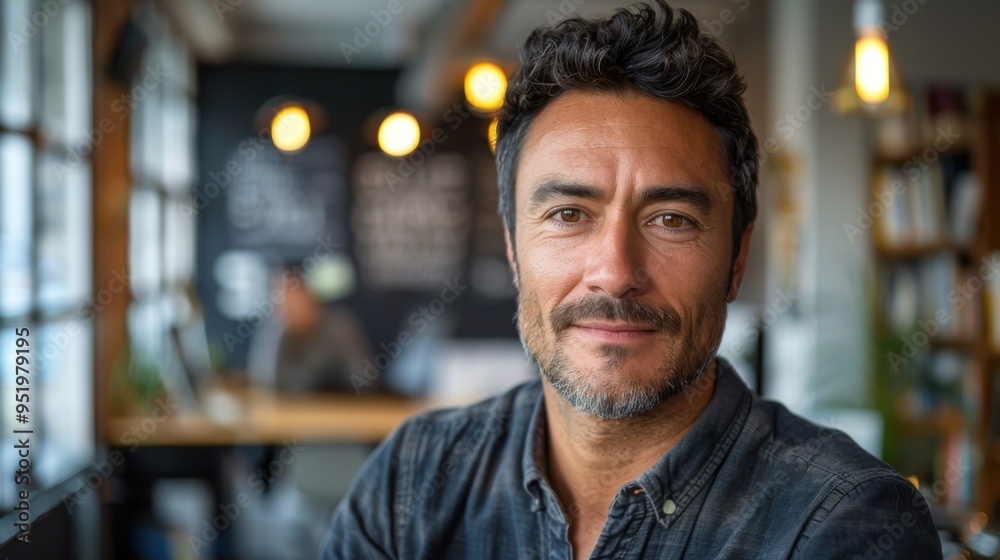 Smiling man with beard and mustache in a restaurant Smiling man with beard and mustache in a restaurant
