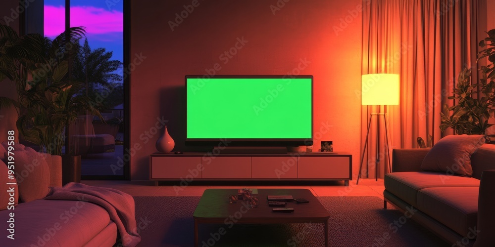 Elegant modern living room illuminated by warm ambient lighting with a large TV Elegant modern living room illuminated by warm ambient lighting with a large TV