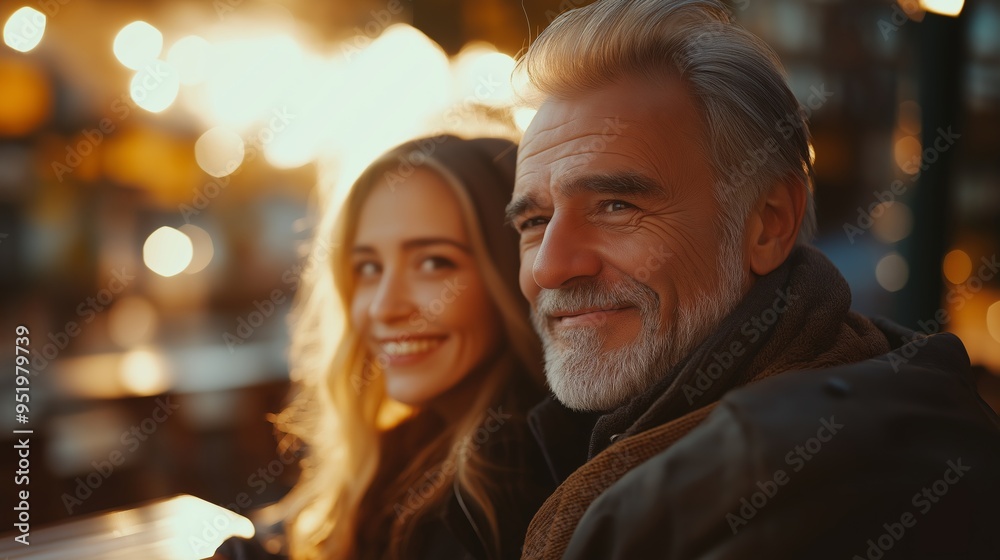 Intimate Portrait of Mature Man and Young Partner at Cozy Outdoor Café During Golden Hour Intimate Portrait of Mature Man and Young Partner at Cozy Outdoor Café During Golden Hour