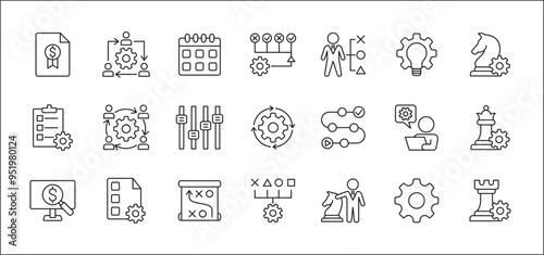 Business strategy, management, setup, research and plan icon set. Contains icons or symbol of businessman, team, discussion, meeting, setting, chess knight, bishop, rook. Flat thin line graphic design