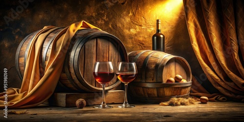 rustic earthy still life warm sunlight wooden casks rich velvet drapes dimly lit cellar-aged wine barrels golden liquid tranquility photo