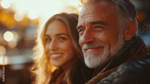 Older Man with a Warm Smile and Younger Partner Enjoying a Cozy Moment at an Outdoor Café