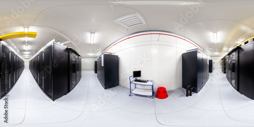 Network servers in a data center. Tier III carrier neutral data center. Server rooms.. 360 degrees panorama	