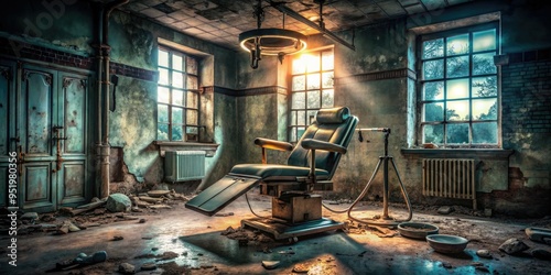 dystopian dentist chair patient dark grimy background abandoned asylum Setting unsettling atmosphere rusty medical tools flickering fluorescent light shadows on walls