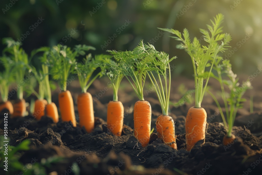 Rows of freshly harvested carrots emerge from the rich, dark soil, lit by gentle sunlight creating a serene agricultural scene.