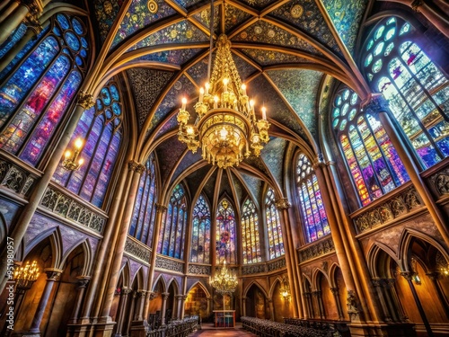 luxurious gothic vault opulent chapel stained glass windows lavish chandeliers mysterious ambiance ancient mysterious artifacts secrets hidden