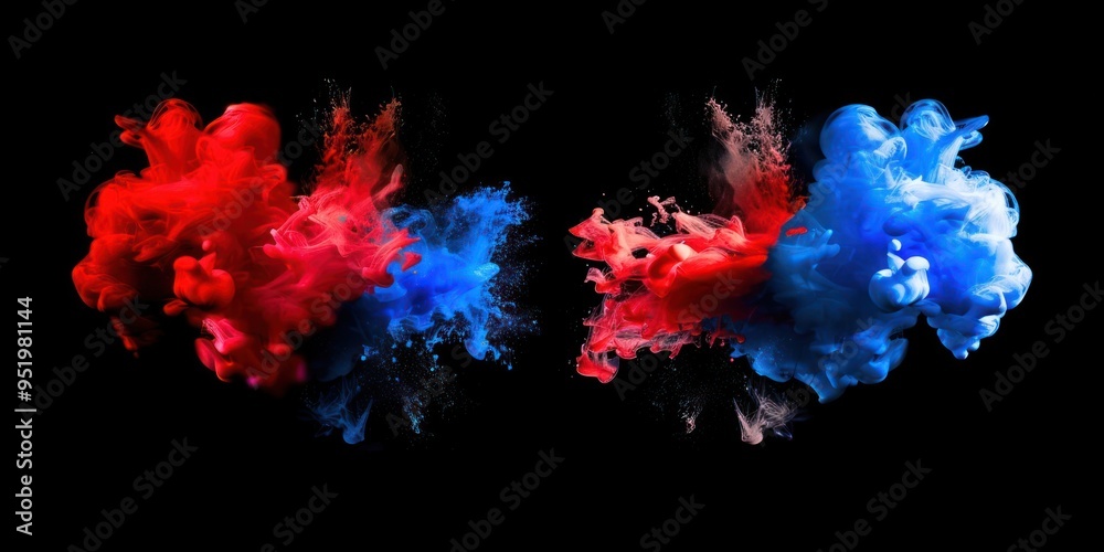 Red and blue paint clouds clashing on a black background. Abstract color explosion. Red and blue paint clouds clashing on a black background. Abstract color explosion.