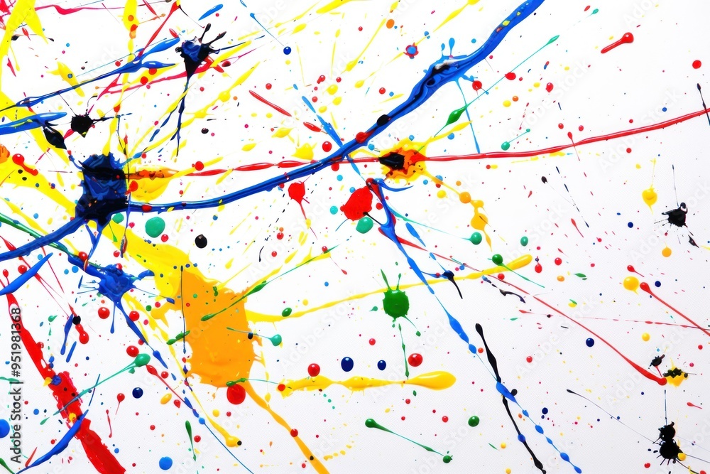 Fototapeta premium Abstract paint splatter in primary colors on a white background. Modern art concept.