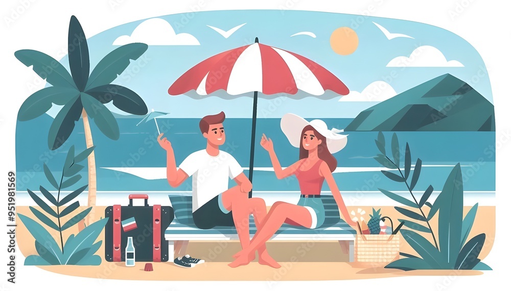 Fototapeta premium Flat vector illustration of a happy young couple summer vacation travel 