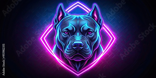 moody neon-lit pitbull silhouette with bold metallic logo emblem on its forehead radiating power and intensity in dark blues and purples photo