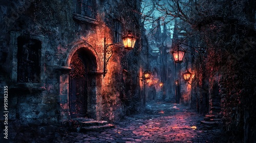 Dark gothic alleyway, cobblestone streets with eerie glowing lanterns, Watercolor style