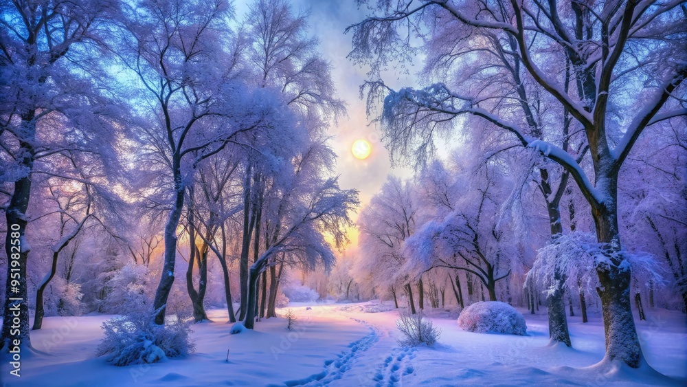 Naklejka premium enchanting snowy forest glade illuminated by soft moonlight and featuring delicate frost drawing on tree branches in hues of lavender and powder blue