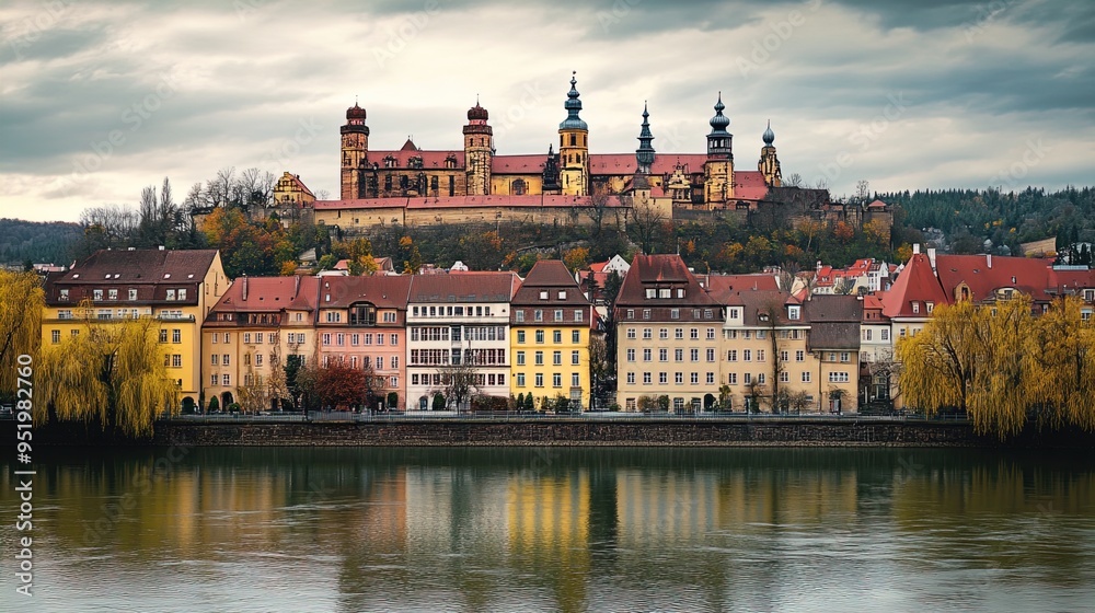 Fototapeta premium A picturesque view of a historic European town situated along a calm river. In the foreground, colorful buildings with red rooftops are lined up along the riverbank, reflecting gracefully in the water