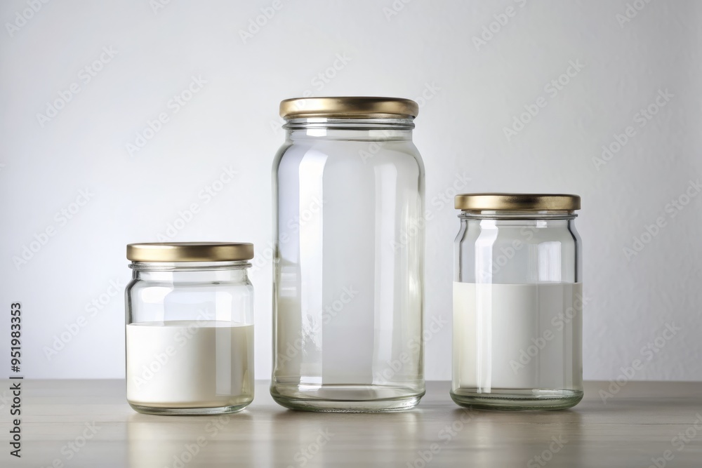 Photo image of tall clear glass jars with white labels and white backgrounds on a clean and minimalist tabletop Photo image of tall clear glass jars with white labels and white backgrounds on a clean and minimalist tabletop