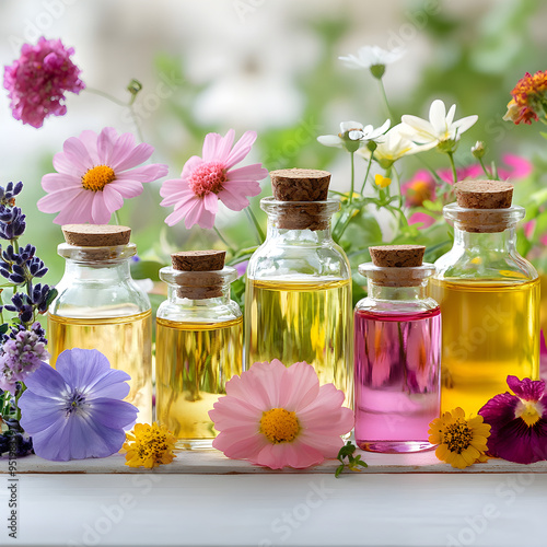 Beautiful floral arrangement with bottles of fresh oils and essence image 