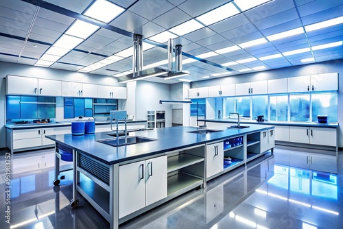 Sleek Modern Laboratory Interior with Polished Stainless Steel Surfaces, Neon Blue Accents, and High-Tech Equipment against a Spotless White Background