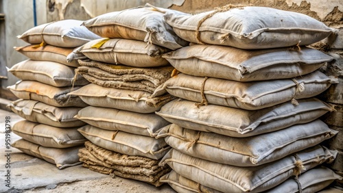 A photo image of a stack of worn-out cement bags, some open, others sealed, with a faded label "ORDINARY CEMENT" and dirt accumulating.