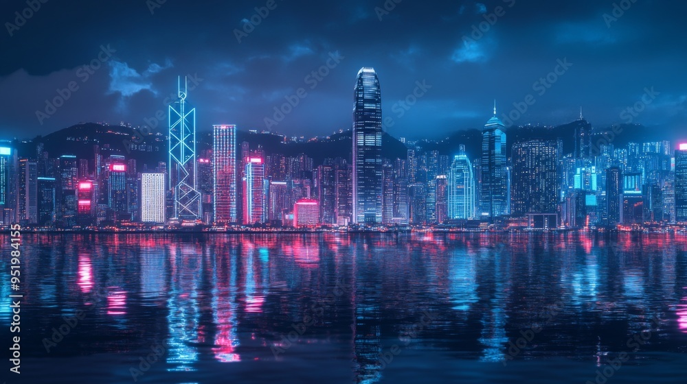 Fototapeta premium Smart network and Connection technology concept, Hong Kong digital city background at night in victoria harbour, Cyberpunk color style, Panorama view