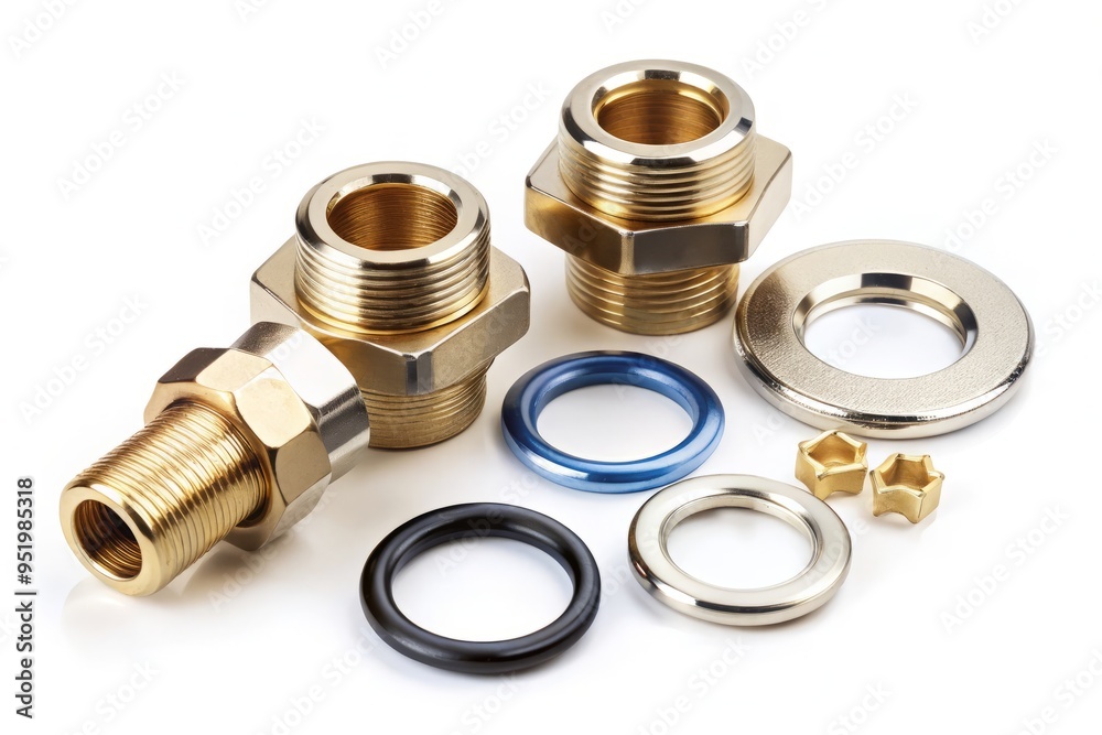 a photo image of a faucet installation parts set including mounting nuts, O-ring seals, and adapters a photo image of a faucet installation parts set including mounting nuts, O-ring seals, and adapters