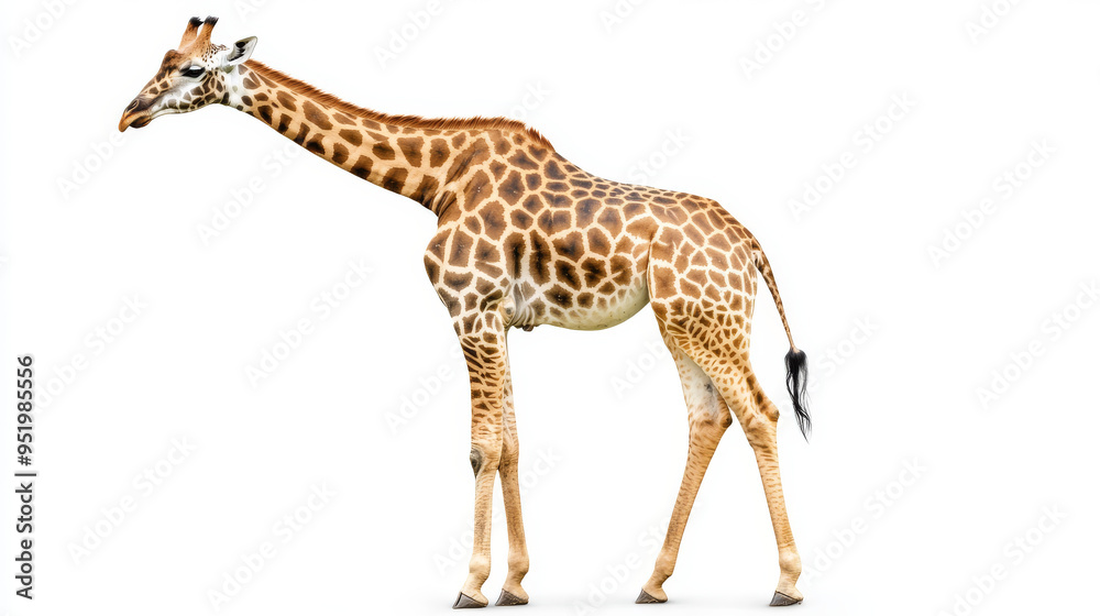 Naklejka premium Side view of an isolated African giraffe against a white background. 