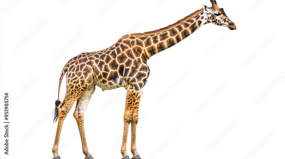 Naklejka premium Side view of an isolated African giraffe against a white background. 