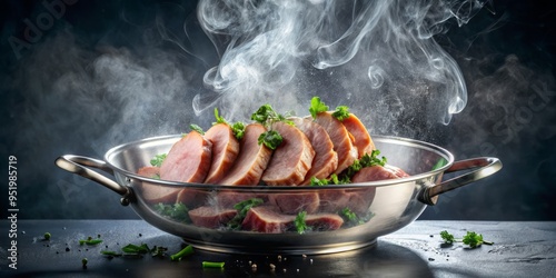 A photo image of a glass pan filled with water, with sliced pork tenderloin slowly falling from above, surrounded by wisps of steam. photo