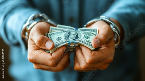 A man in handcuffs displays a wad of cash in his hands, suggesting possible criminal activity