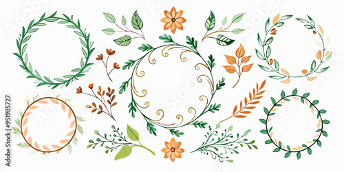 Set of elegant calligraphic botanical design elements, floral frame and graceful branches
