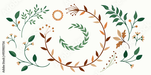 Set of elegant calligraphic botanical design elements, floral frame and graceful branches